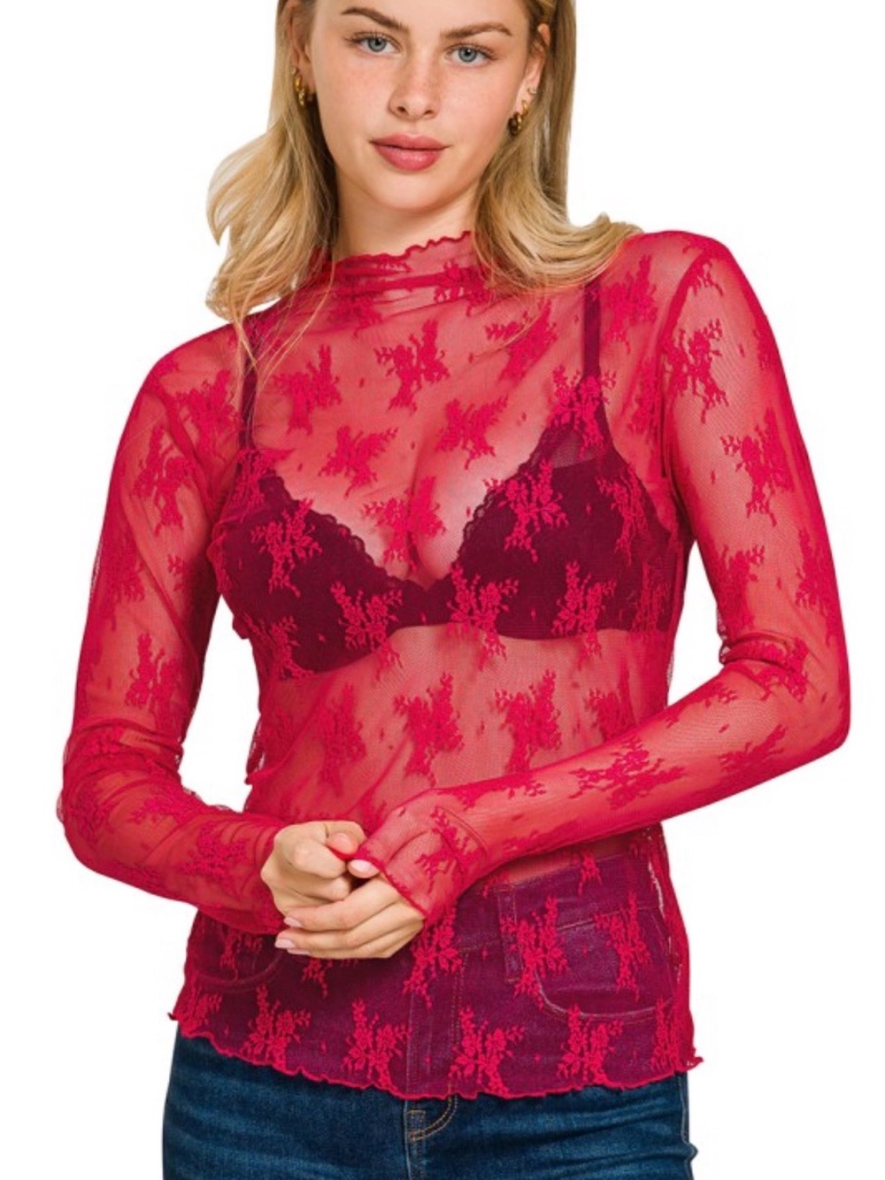 Sheer Red Lace Long Sleeve Top